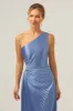 Blue Sheath One Shoulder Satin Keyhole Long Bridesmaid Dress sold by Zapaka