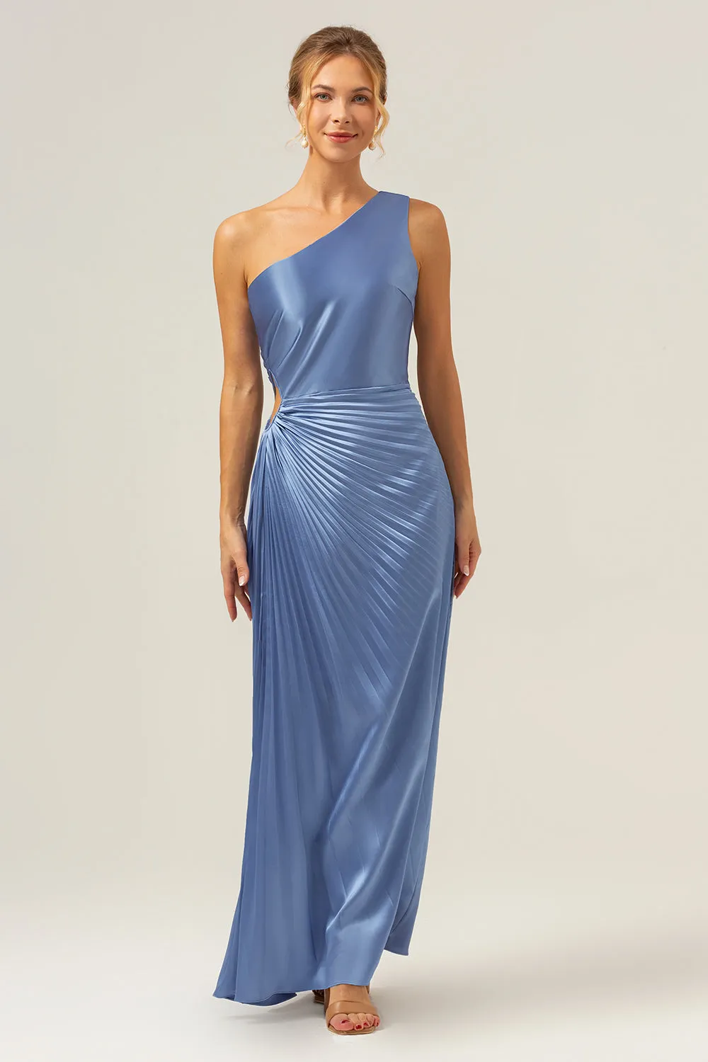 Blue Sheath One Shoulder Satin Keyhole Long Bridesmaid Dress sold by Zapaka