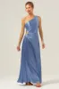 Blue Sheath One Shoulder Satin Keyhole Long Bridesmaid Dress sold by Zapaka