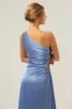 Blue Sheath One Shoulder Satin Keyhole Long Bridesmaid Dress sold by Zapaka