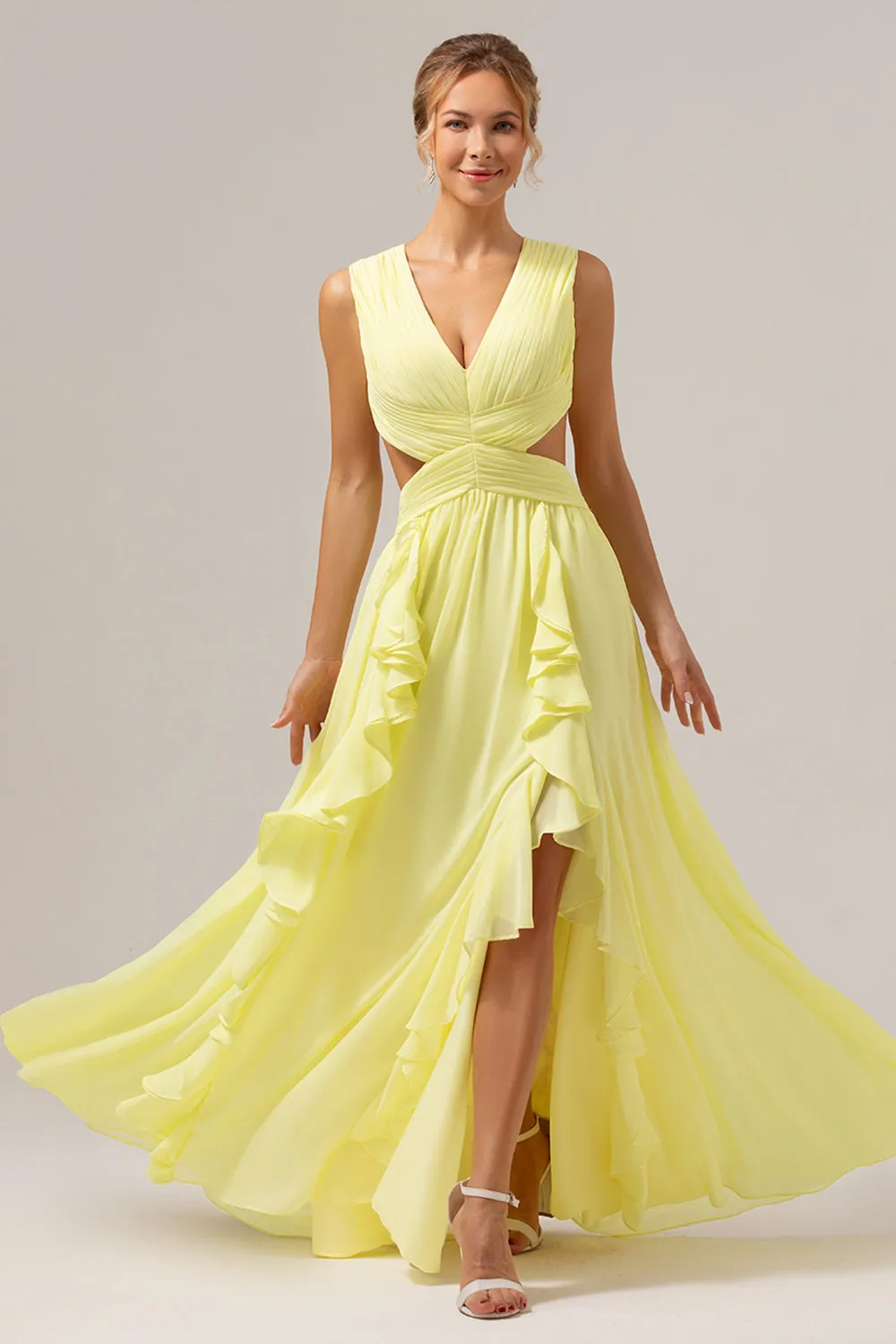 Lemon Yellow A Line Cut Out Lace Up Back Long Bridesmaid Dress with Ruffles sold by Zapaka