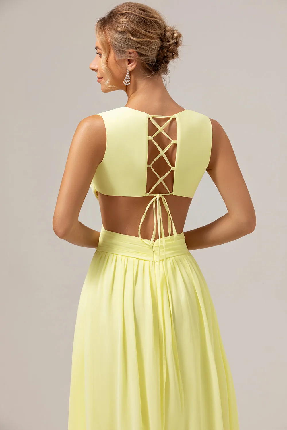 Lemon Yellow A Line Cut Out Lace Up Back Long Bridesmaid Dress with Ruffles sold by Zapaka product image thumbnail 5