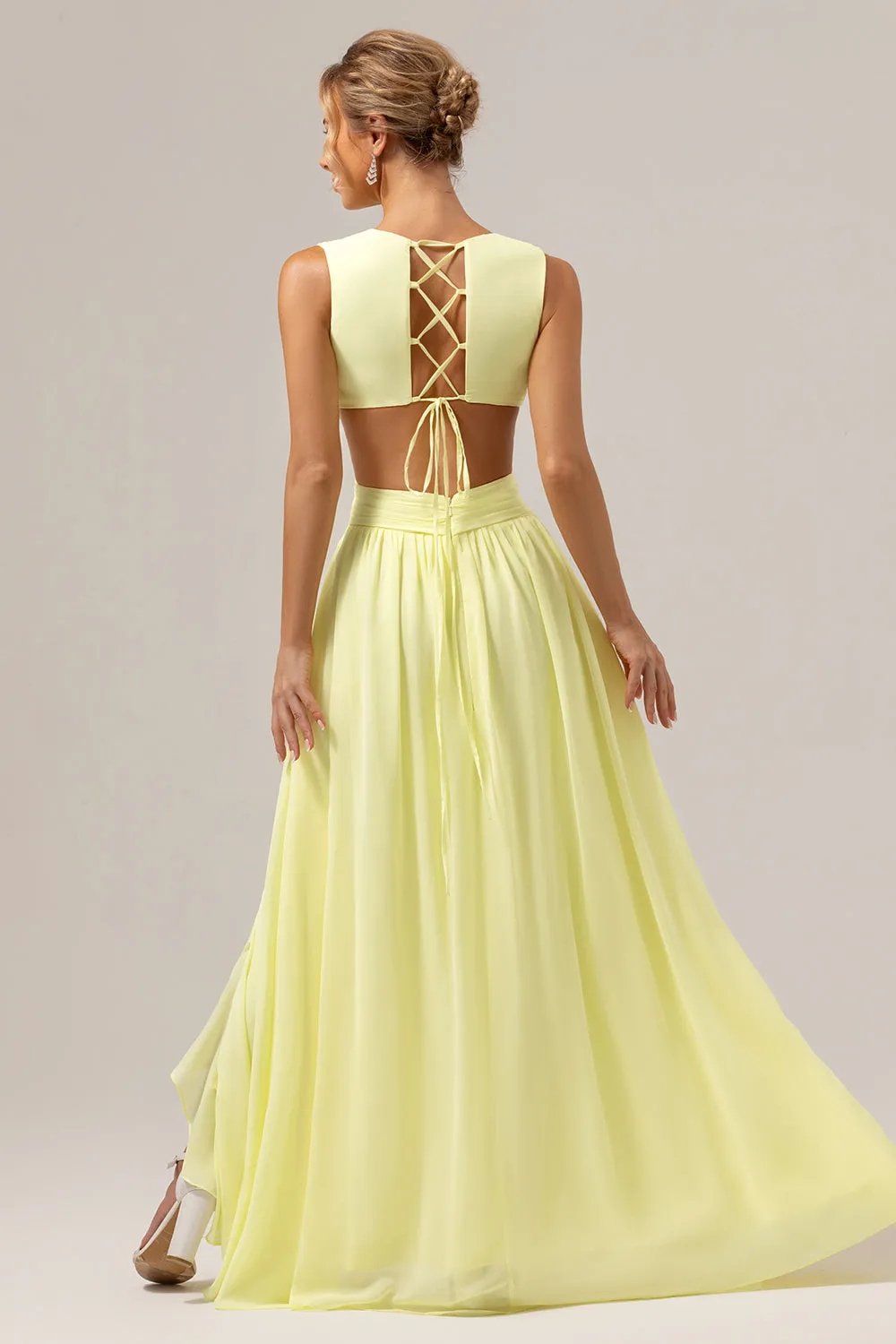 Lemon Yellow A Line Cut Out Lace Up Back Long Bridesmaid Dress with Ruffles sold by Zapaka product image thumbnail 2