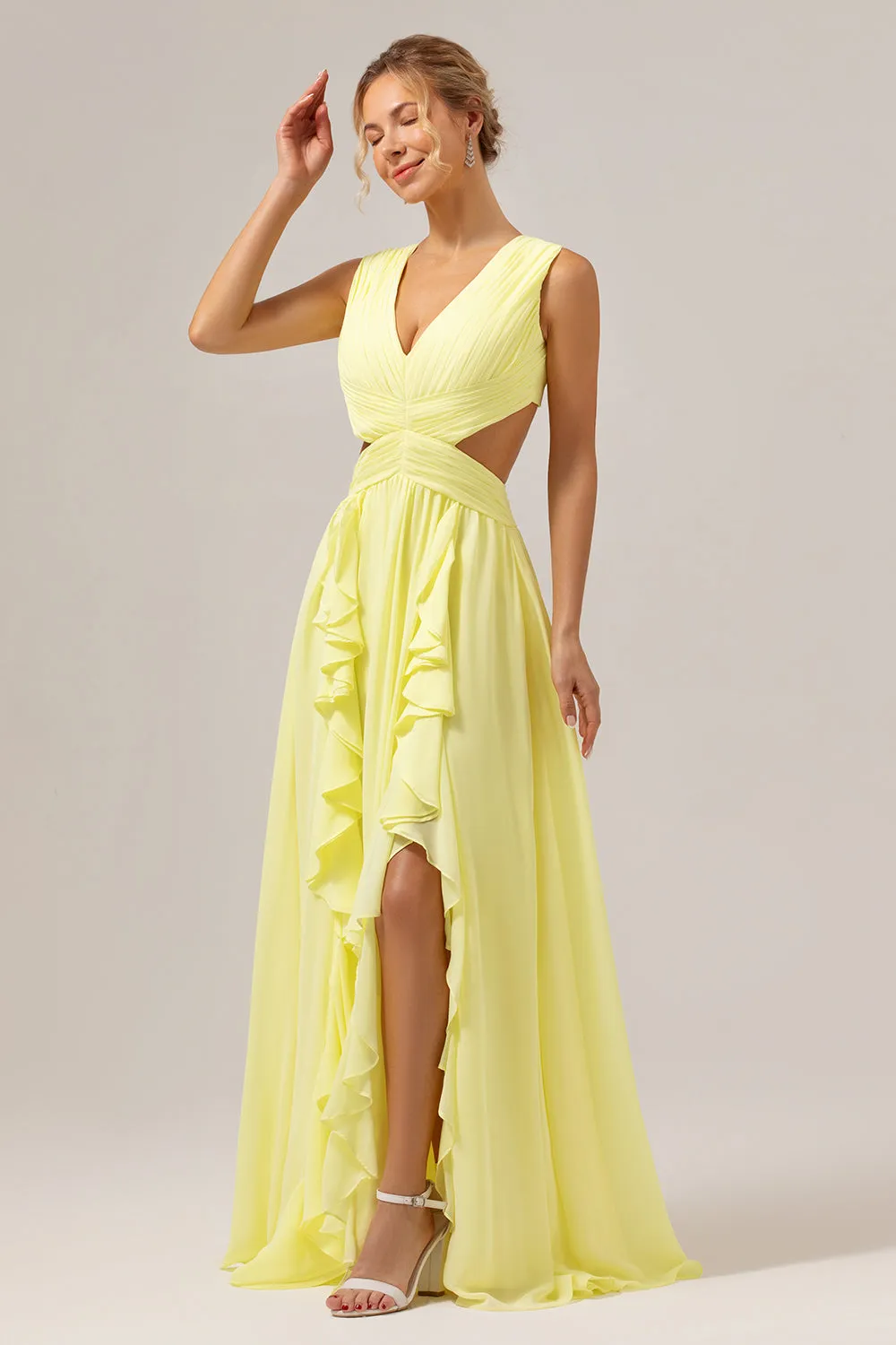 Lemon Yellow A Line Cut Out Lace Up Back Long Bridesmaid Dress with Ruffles sold by Zapaka product image thumbnail 3