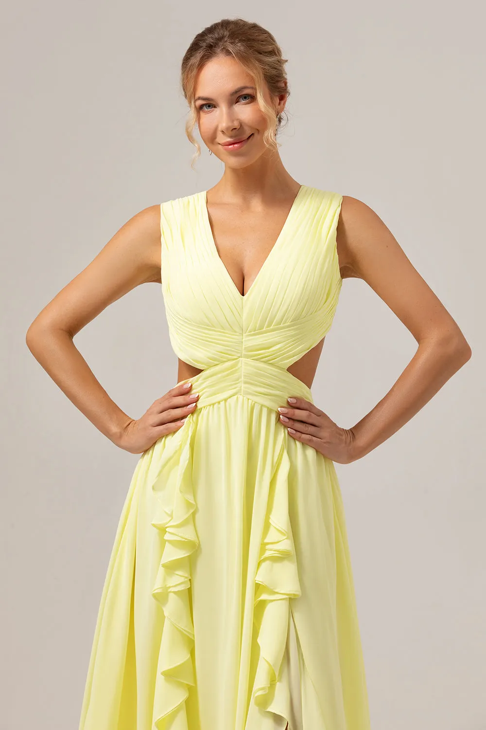 Lemon Yellow A Line Cut Out Lace Up Back Long Bridesmaid Dress with Ruffles sold by Zapaka product image thumbnail 4