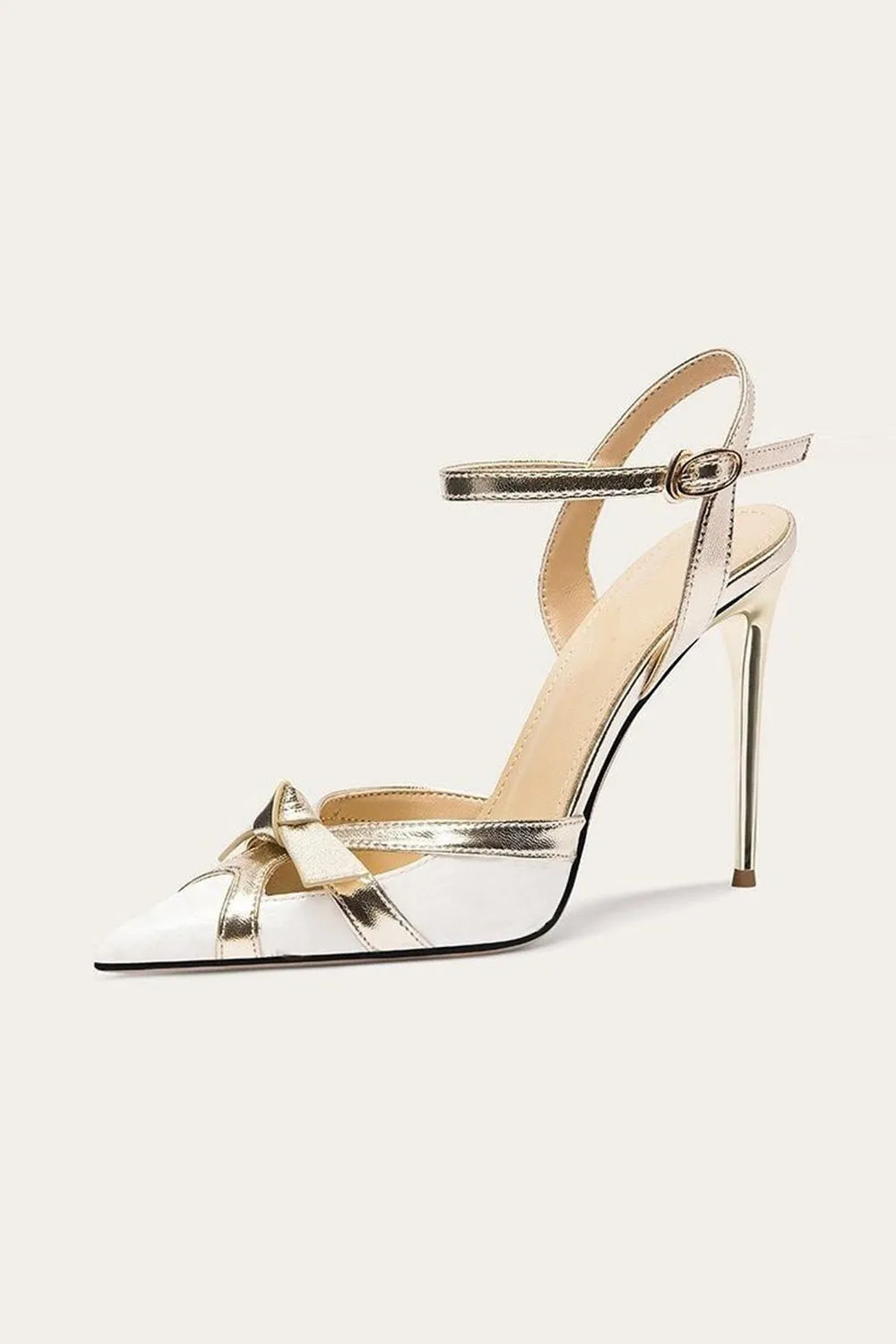 White Pointed Toe Ankle Strap High Heels with Bow sold by Zapaka