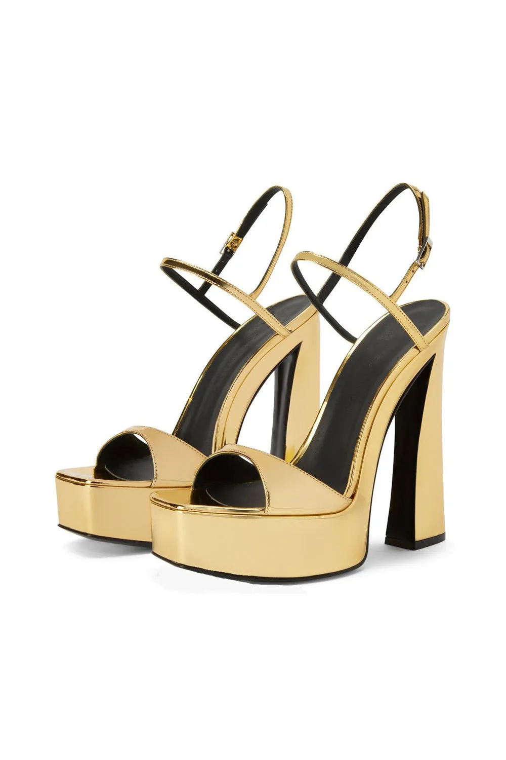Golden Open Toe Ankle Strap Chunky Heel Sandals sold by Zapaka