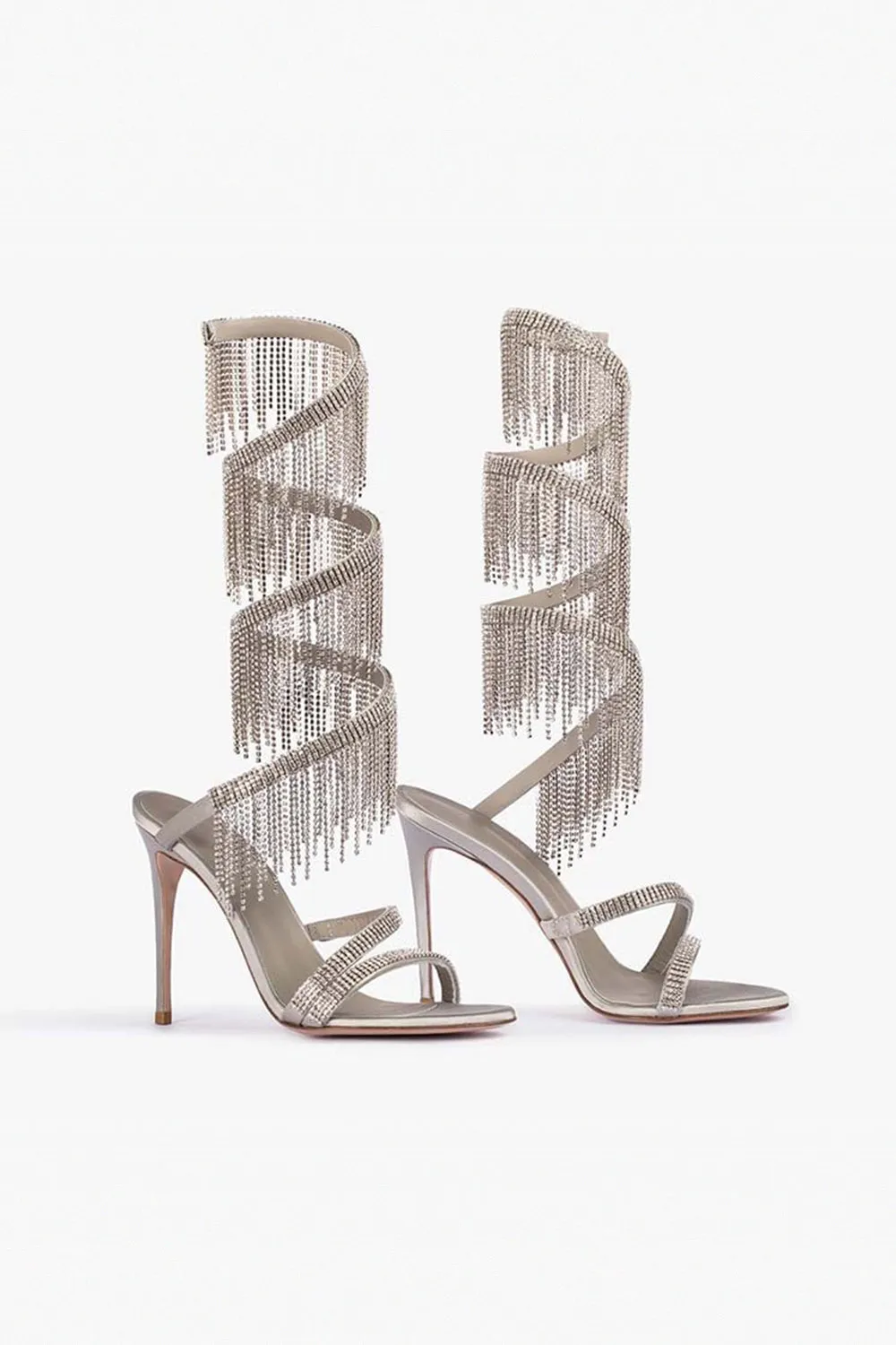 Sparkly Silver Beading Strappy Tassels Open Toe High Heels sold by Zapaka