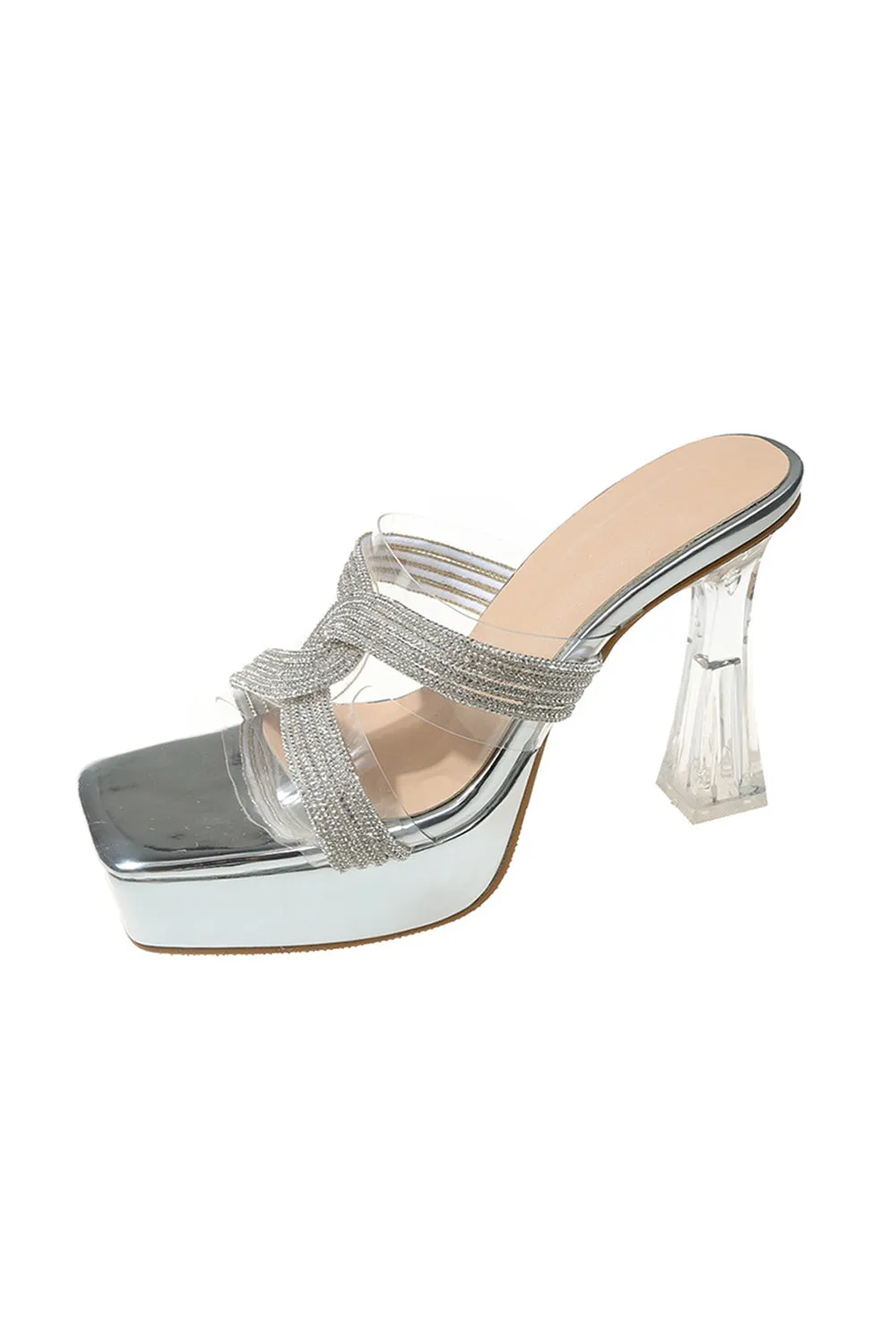 Silver Thick Sole Square Toe Rhinestone High Heel Sandals sold by Zapaka