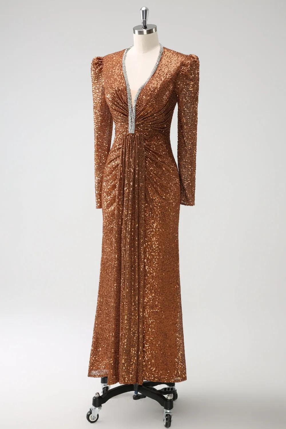 Sparkly Coffee V-Neck Sheath Sequins Long Prom Dress sold by Zapaka product image thumbnail 3