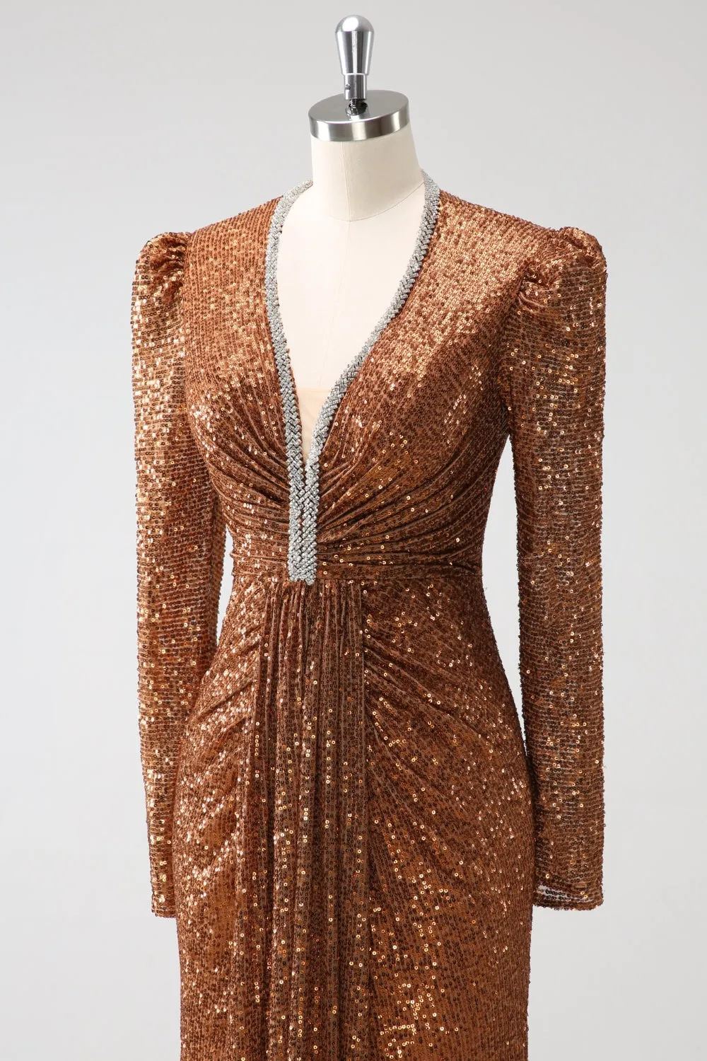 Sparkly Coffee V-Neck Sheath Sequins Long Prom Dress sold by Zapaka product image thumbnail 4