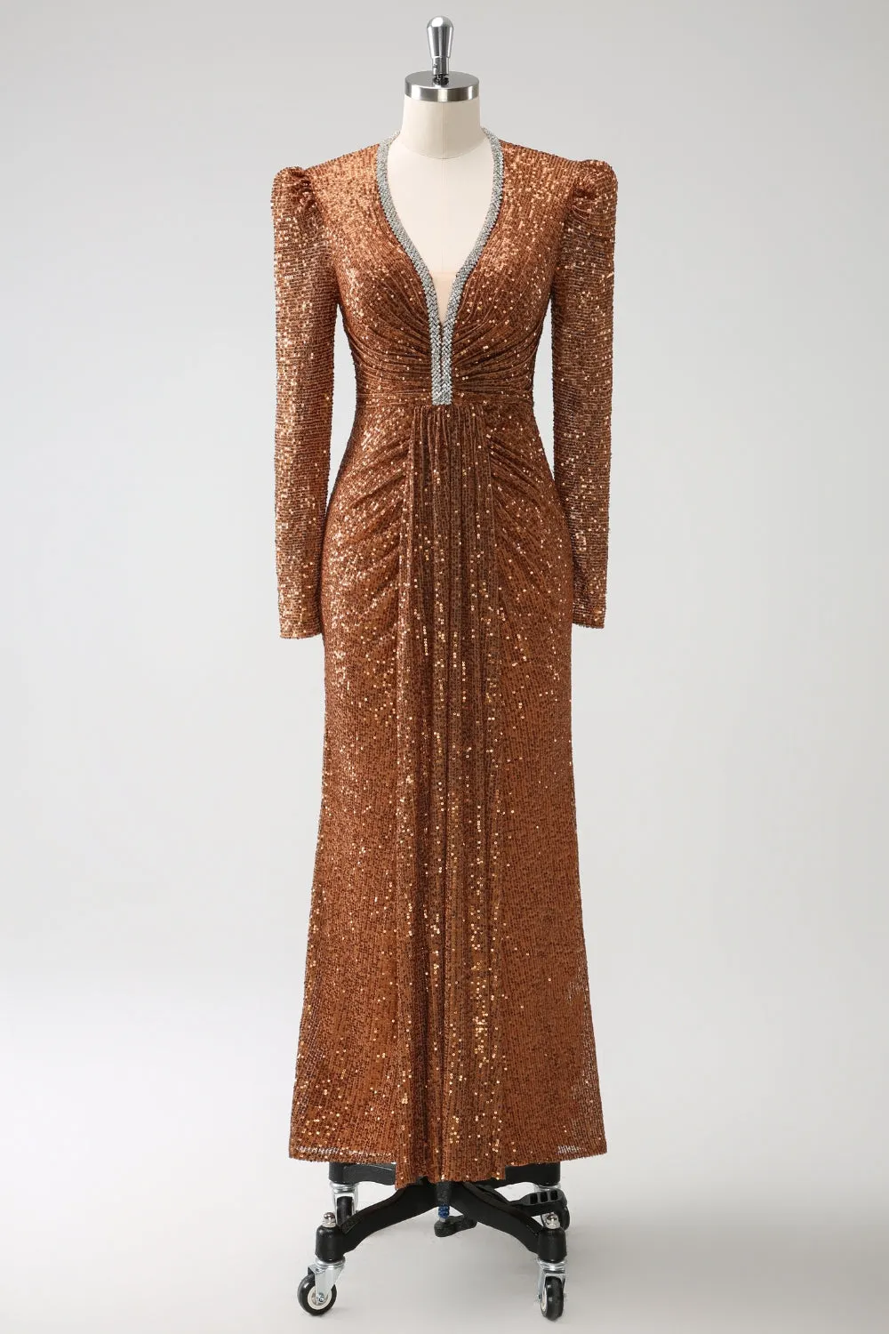 Sparkly Coffee V-Neck Sheath Sequins Long Prom Dress sold by Zapaka