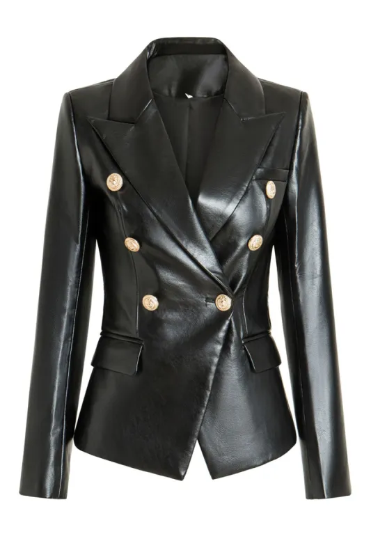 Black Peak Lapel PU Leather Women Blazer sold by Zapaka