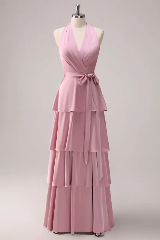 Pink Halter Tiered A-Line Bridesmaid Dress with Sash sold by Zapaka