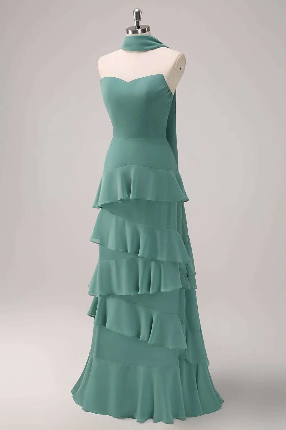 Eucalyptus Strapless Ruffled Bridesmaid Dress with Ribbon sold by Zapaka product image thumbnail 3