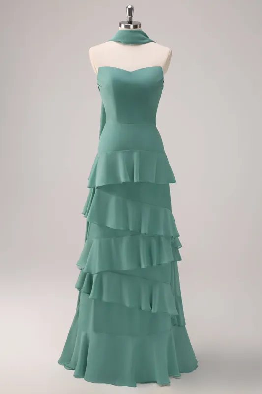 Eucalyptus Strapless Ruffled Bridesmaid Dress with Ribbon sold by Zapaka