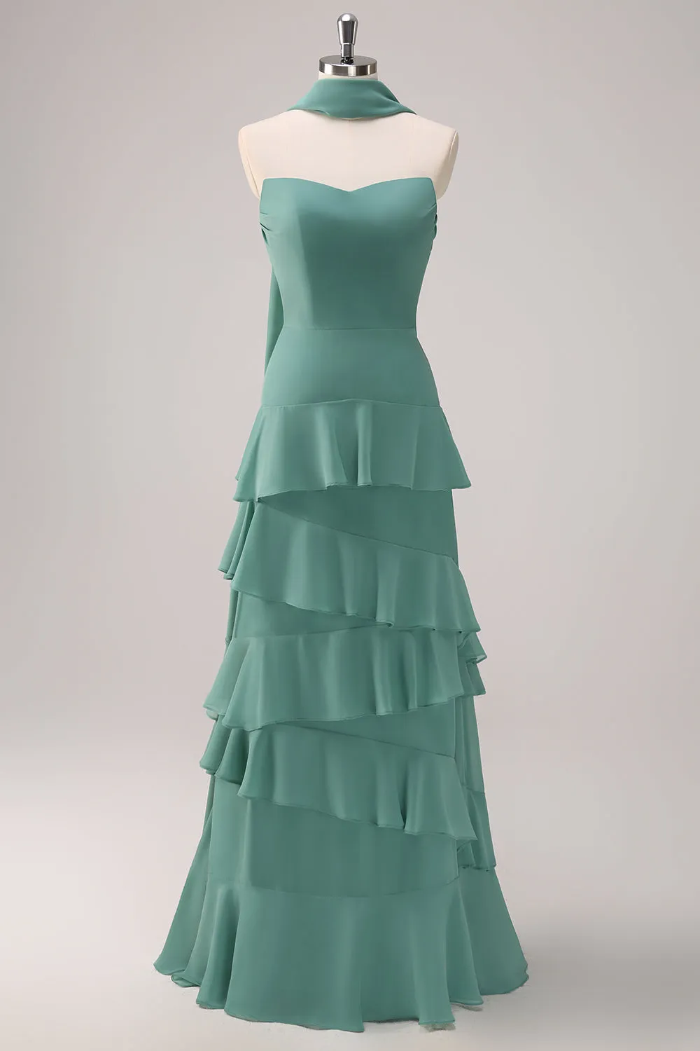 Eucalyptus Strapless Ruffled Bridesmaid Dress with Ribbon sold by Zapaka