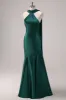 Dark Green Halter Satin Mermaid Bridesmaid Dress with Streamer sold by Zapaka