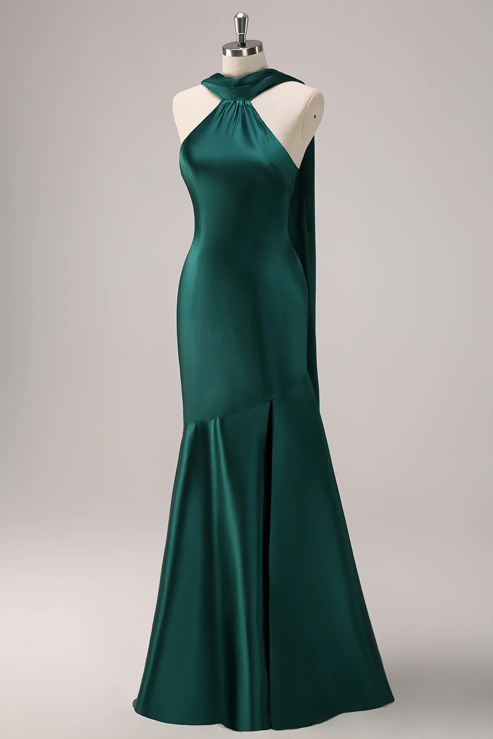 Dark Green Halter Satin Mermaid Bridesmaid Dress with Streamer sold by Zapaka product image thumbnail 3