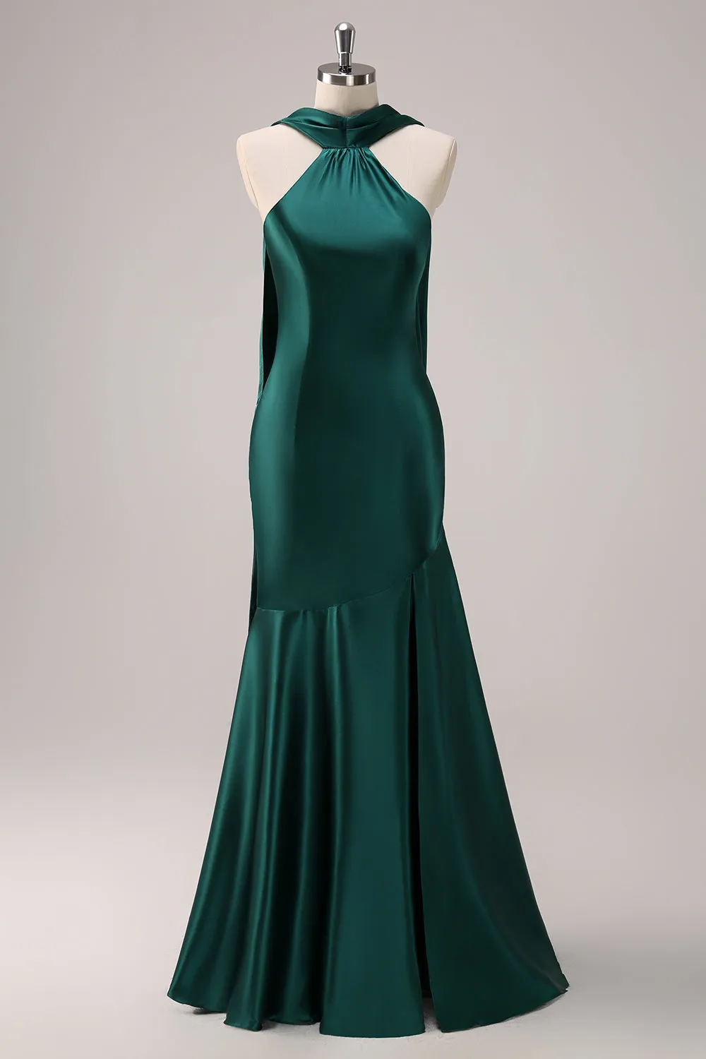 Dark Green Halter Satin Mermaid Bridesmaid Dress with Streamer sold by Zapaka