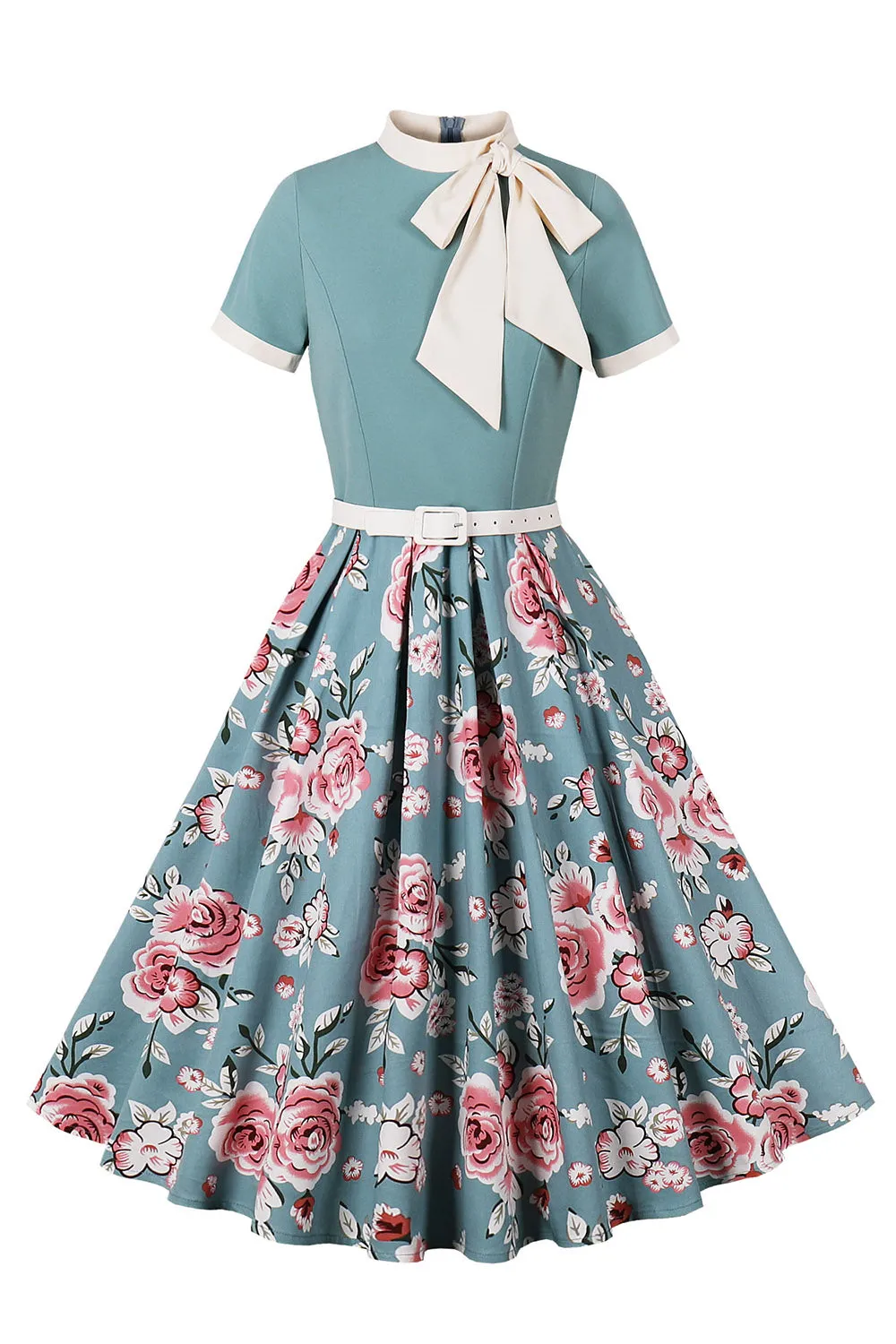 Blue Floral Printed 1950s Dresses with Short Sleeves sold by Zapaka