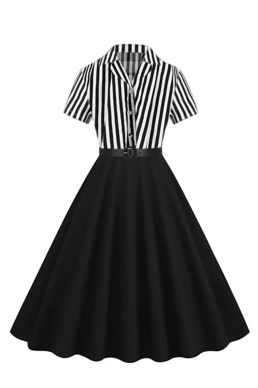 A Line Black Stripe 1950s Dress with Short Sleeves sold by Zapaka