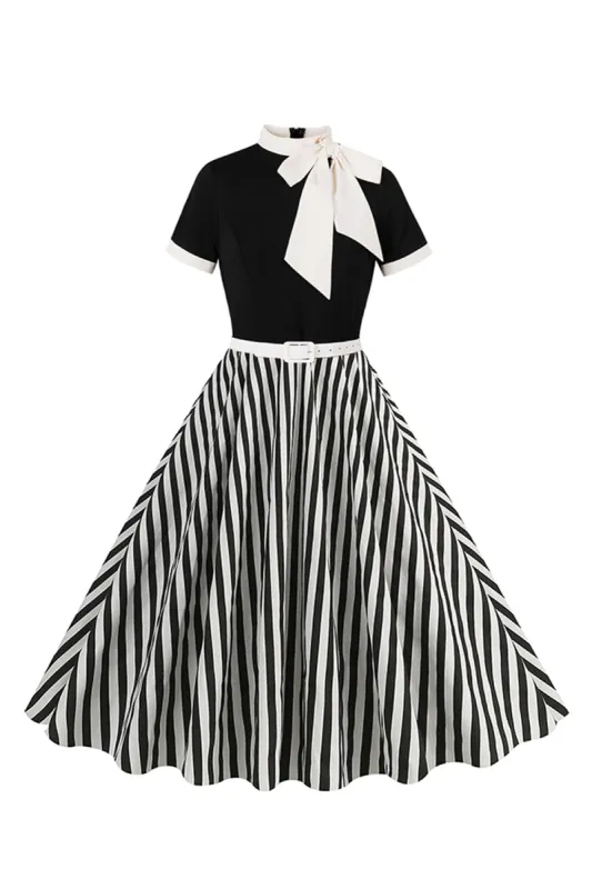A Line Black Pinstripe 1950s Swing Dress with Short Sleeves sold by Zapaka