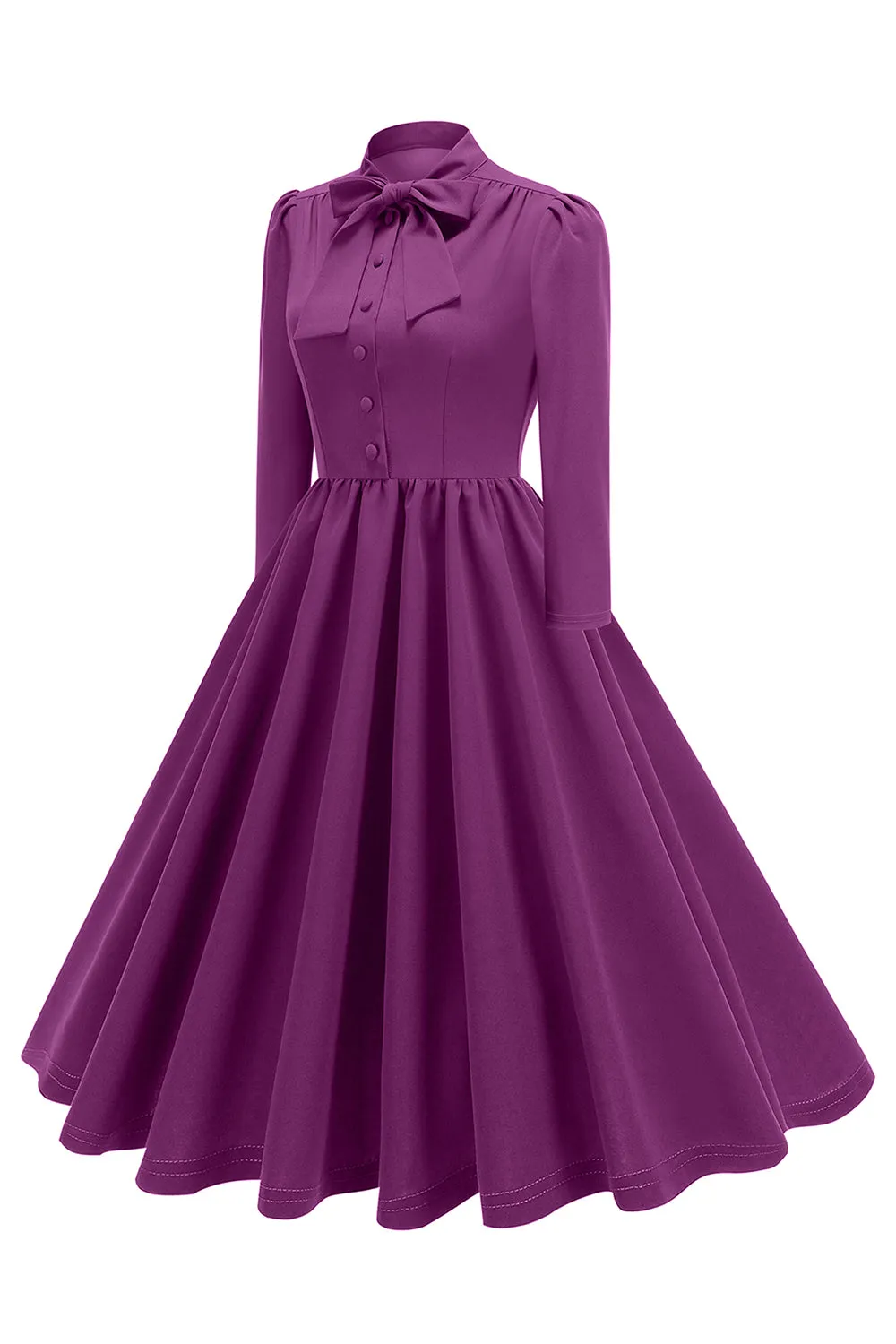 Purple Pleated Bow Tie 1950s Dress with Long Sleeves sold by Zapaka product image thumbnail 3