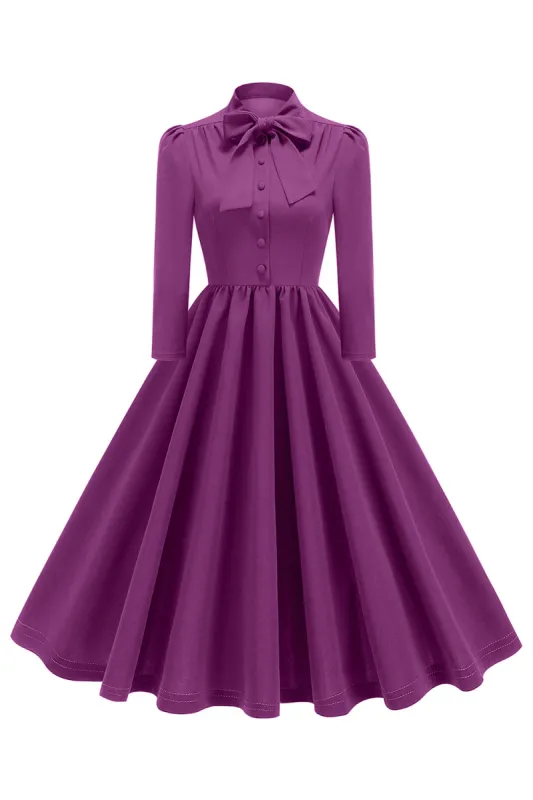 Purple Pleated Bow Tie 1950s Dress with Long Sleeves sold by Zapaka