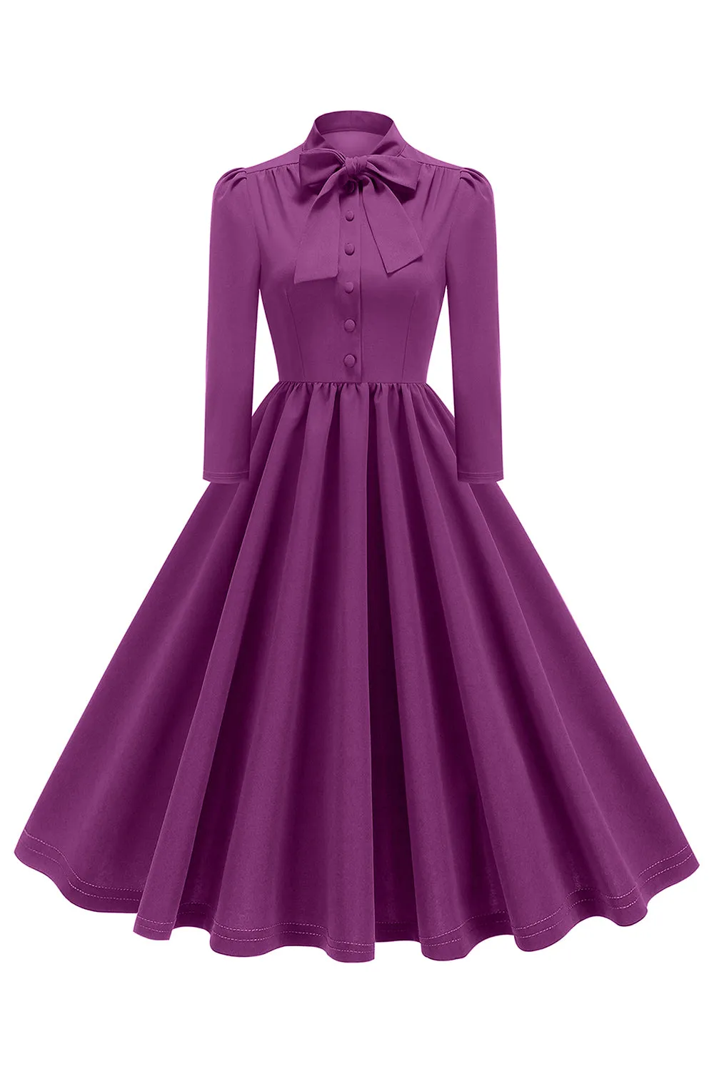 Purple Pleated Bow Tie 1950s Dress with Long Sleeves sold by Zapaka