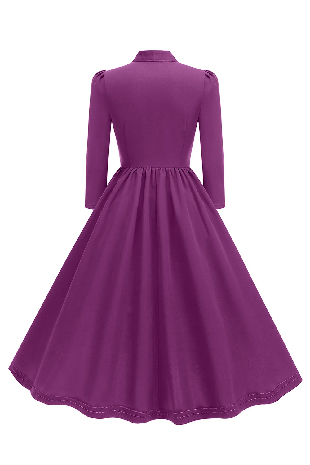 Purple Pleated Bow Tie 1950s Dress with Long Sleeves sold by Zapaka product image thumbnail 2