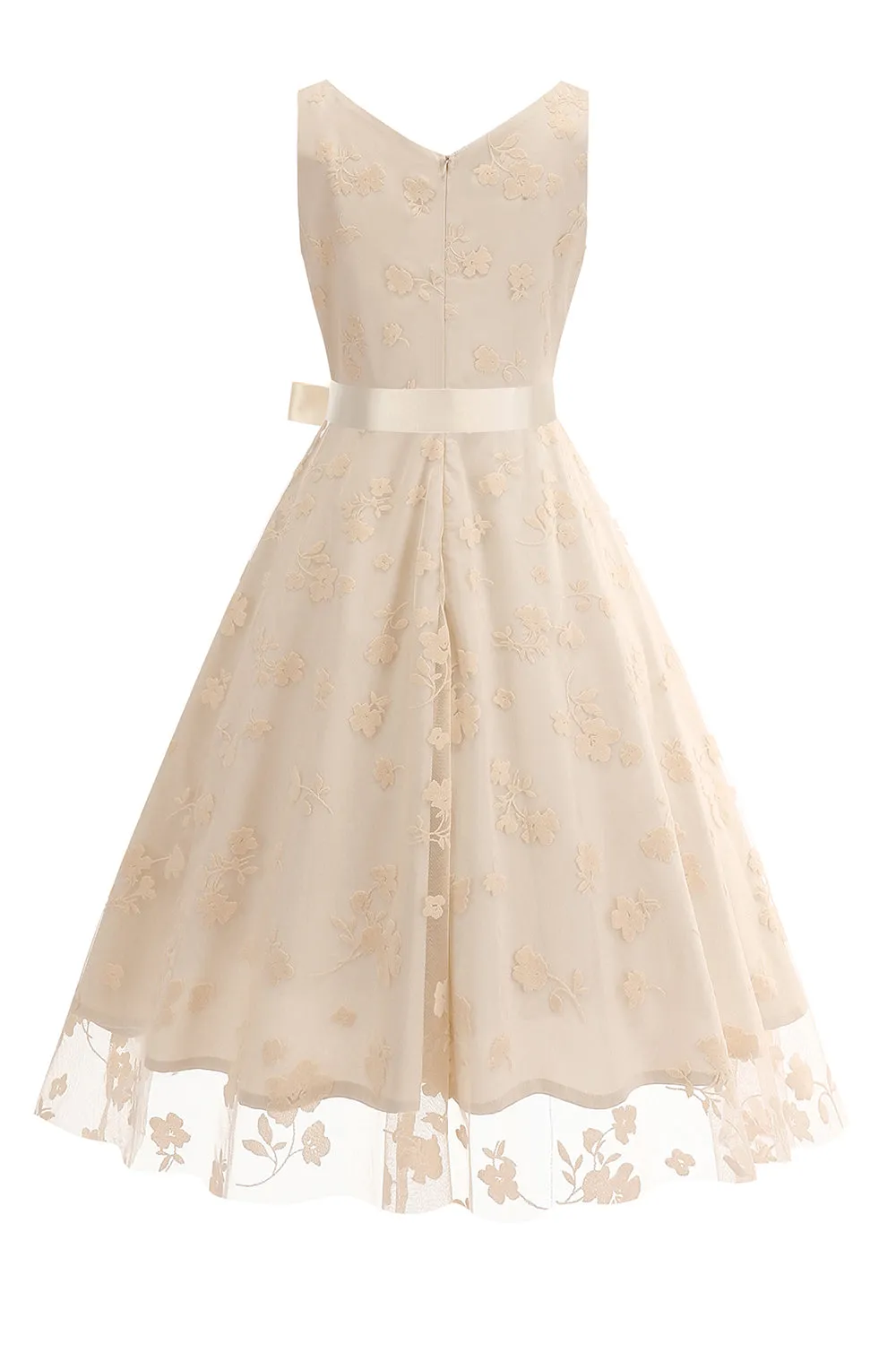 Apricot V-Neck Flower Printed 1950s Dress with Bow sold by Zapaka product image thumbnail 2