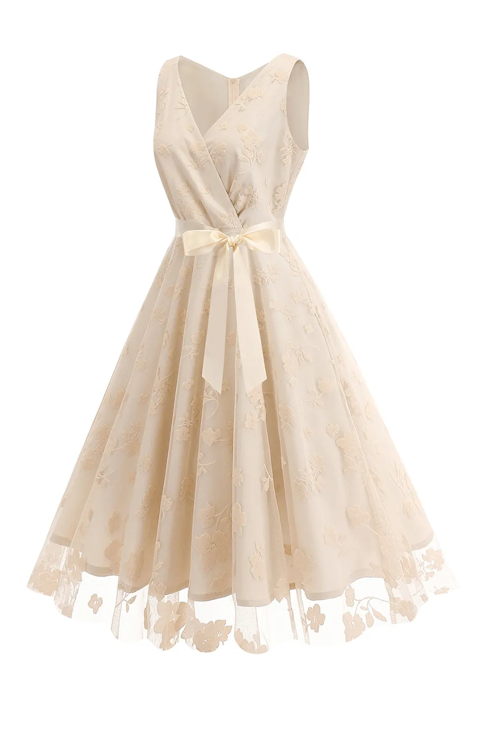 Apricot V-Neck Flower Printed 1950s Dress with Bow sold by Zapaka product image thumbnail 3