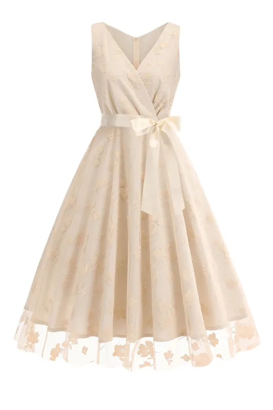 Apricot V-Neck Flower Printed 1950s Dress with Bow sold by Zapaka