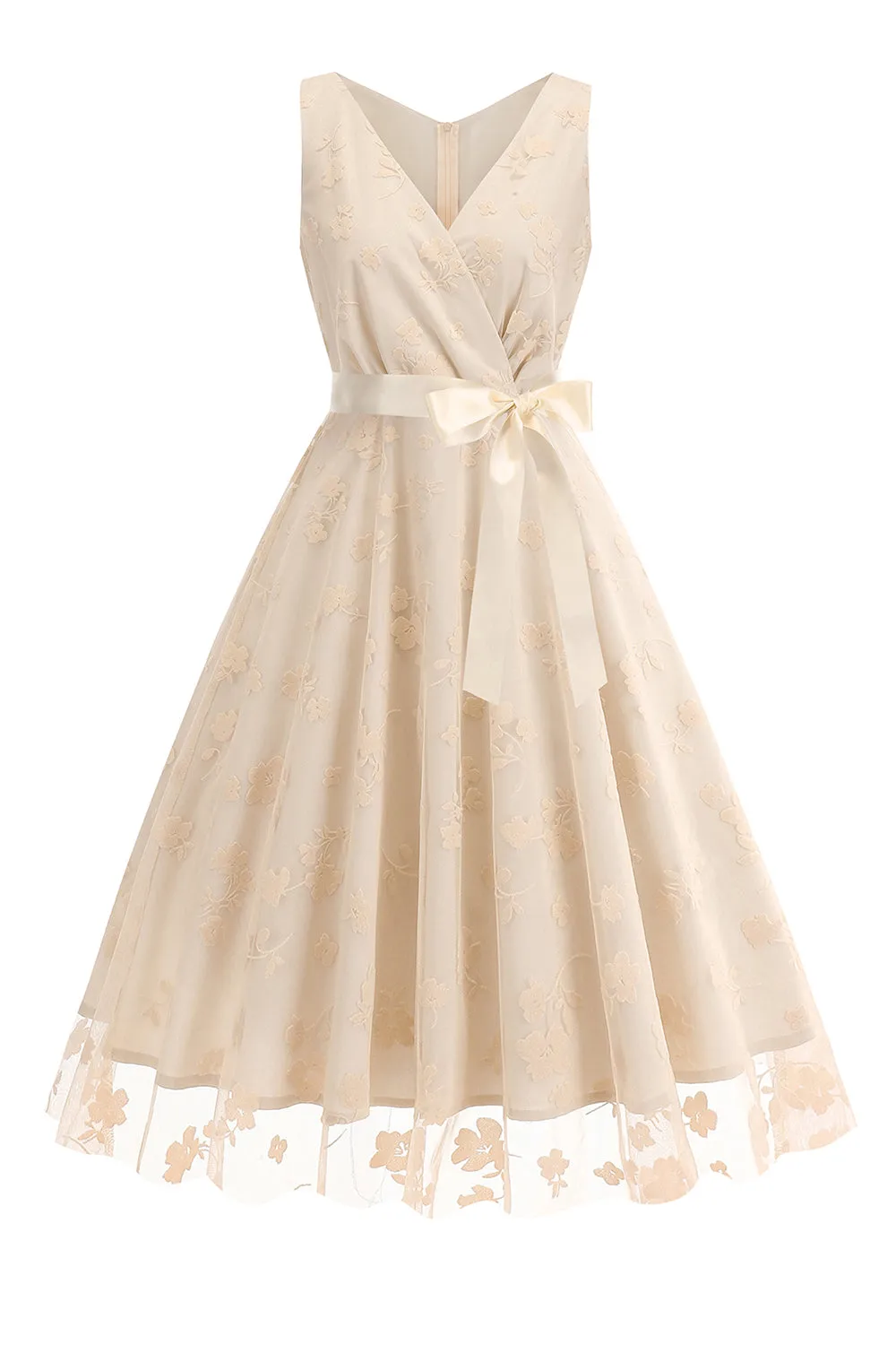 Apricot V-Neck Flower Printed 1950s Dress with Bow sold by Zapaka