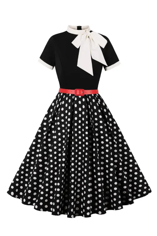 A Line Black Polka Dots Short Sleeves 1950s Dress with Belt sold by Zapaka