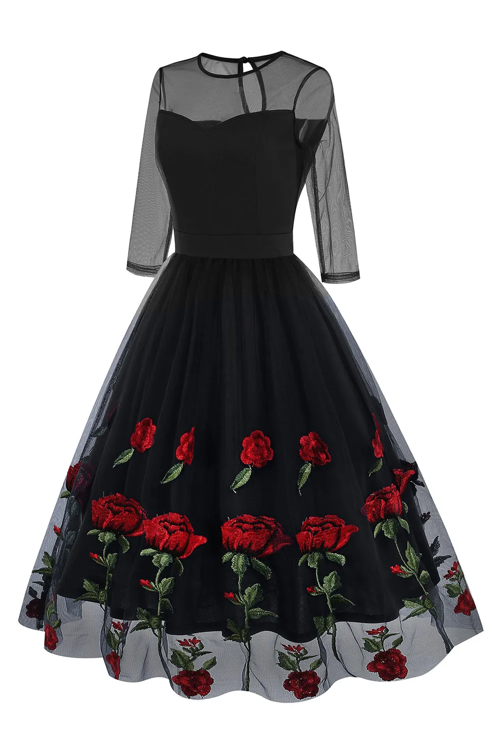 Black A Line Rose Floral 1950s Dress with Half Sleeves sold by Zapaka product image thumbnail 3