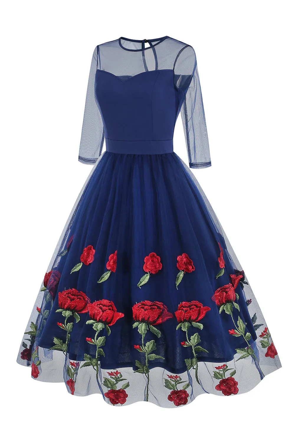 Black A Line Rose Floral 1950s Dress with Half Sleeves sold by Zapaka product image thumbnail 4