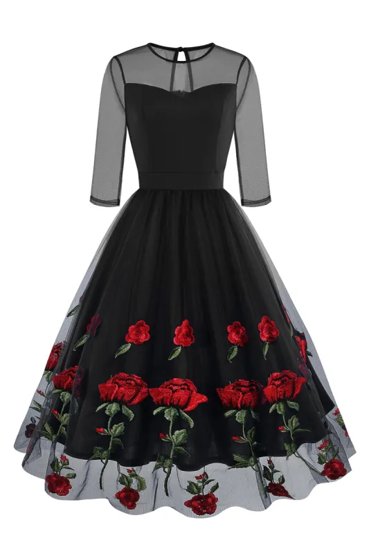 Black A Line Rose Floral 1950s Dress with Half Sleeves sold by Zapaka
