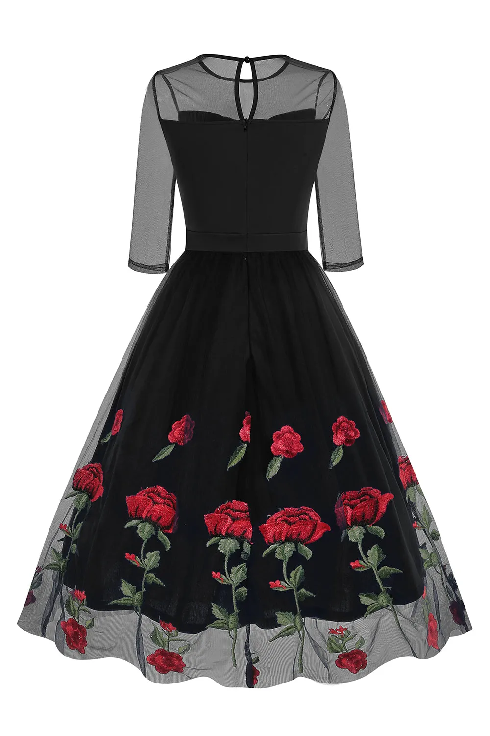 Black A Line Rose Floral 1950s Dress with Half Sleeves sold by Zapaka product image thumbnail 2