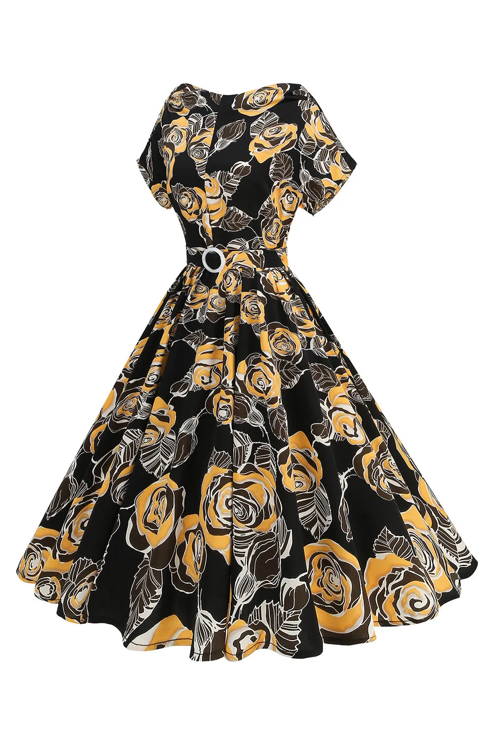 Black Rose Printed A-Line Boat Neck Midi 1950s Dress sold by Zapaka product image thumbnail 3