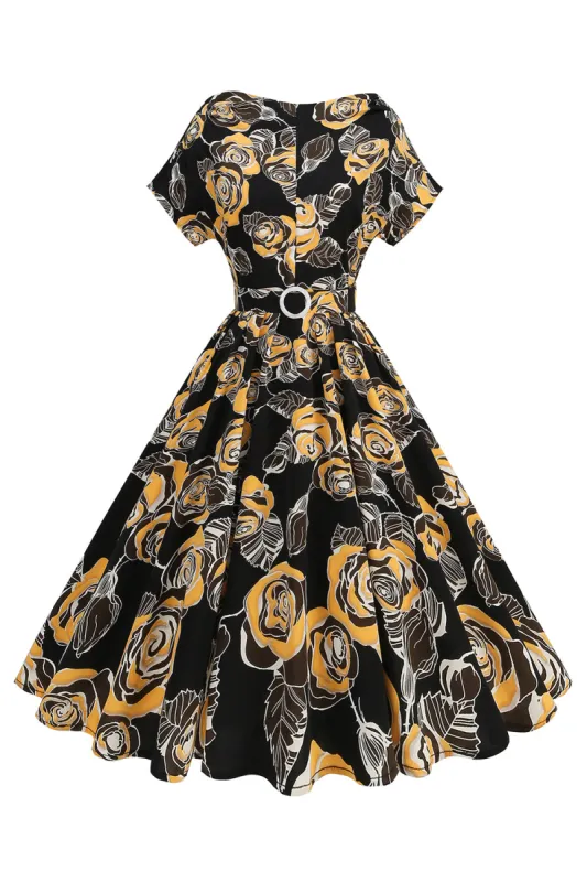 Black Rose Printed A-Line Boat Neck Midi 1950s Dress sold by Zapaka