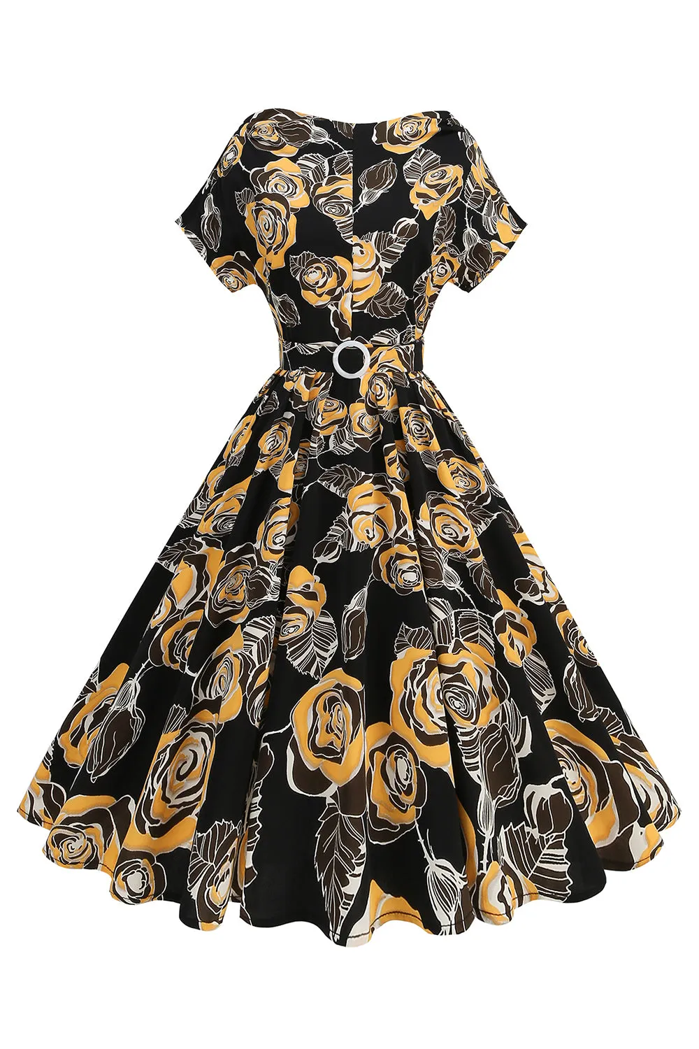 Black Rose Printed A-Line Boat Neck Midi 1950s Dress sold by Zapaka