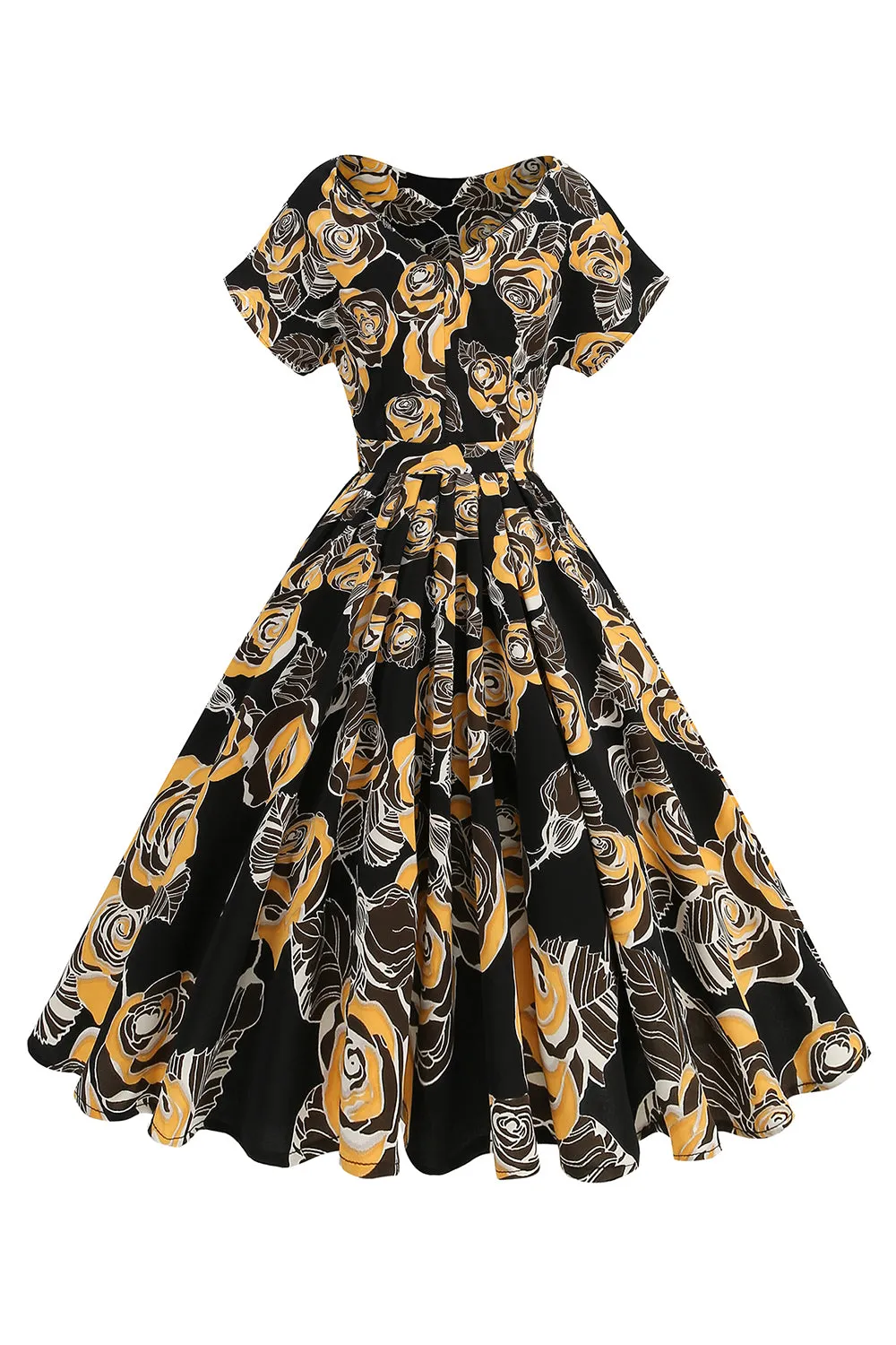 Black Rose Printed A-Line Boat Neck Midi 1950s Dress sold by Zapaka product image thumbnail 2