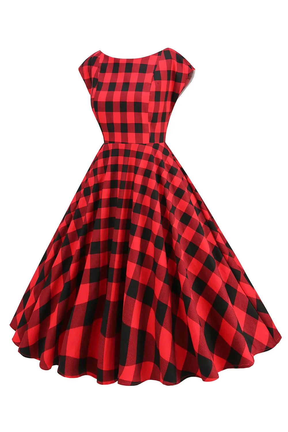 Red and Black Plaid A-Line V-Neck 1950s Dress sold by Zapaka product image thumbnail 3