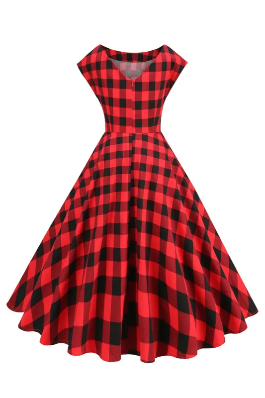 Red and Black Plaid A-Line V-Neck 1950s Dress sold by Zapaka