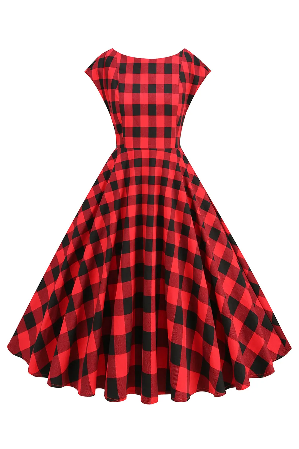 Red and Black Plaid A-Line V-Neck 1950s Dress sold by Zapaka product image thumbnail 2