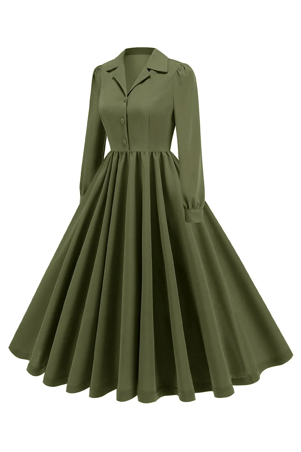 Army Green Notched Lapel Pleated 1950s Dress with Long Sleeves sold by Zapaka product image thumbnail 3