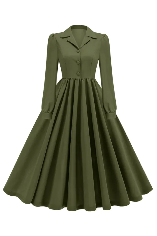Army Green Notched Lapel Pleated 1950s Dress with Long Sleeves sold by Zapaka