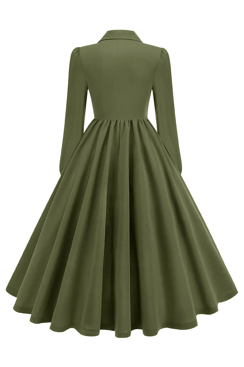 Army Green Notched Lapel Pleated 1950s Dress with Long Sleeves sold by Zapaka product image thumbnail 2